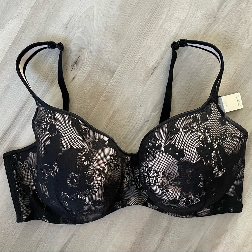 NWT 42DDD Cacique Bold Lace Balconette Bra in Black/Beige